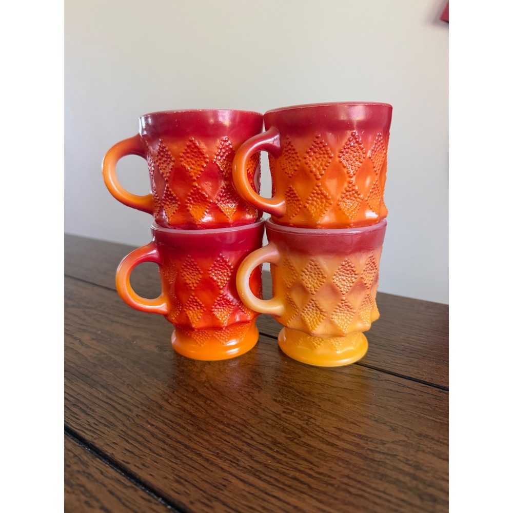 Anchor Hocking Fire-King Mugs Red Orange ombré Kimberly Diamond point Set